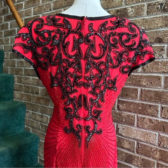 VTG 80s 90s Red & Black Beaded Silk Asymmetrical V-neck Formal Party Dress - Picture 7 of 13